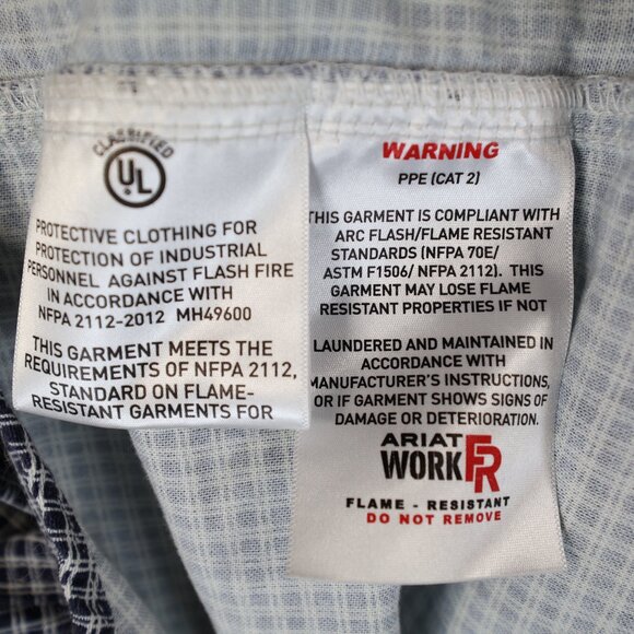 Ariat Flame Resistant Work Shirt Mens XL Blue White Plaid Button Down CAT 2 - Picture 8 of 11